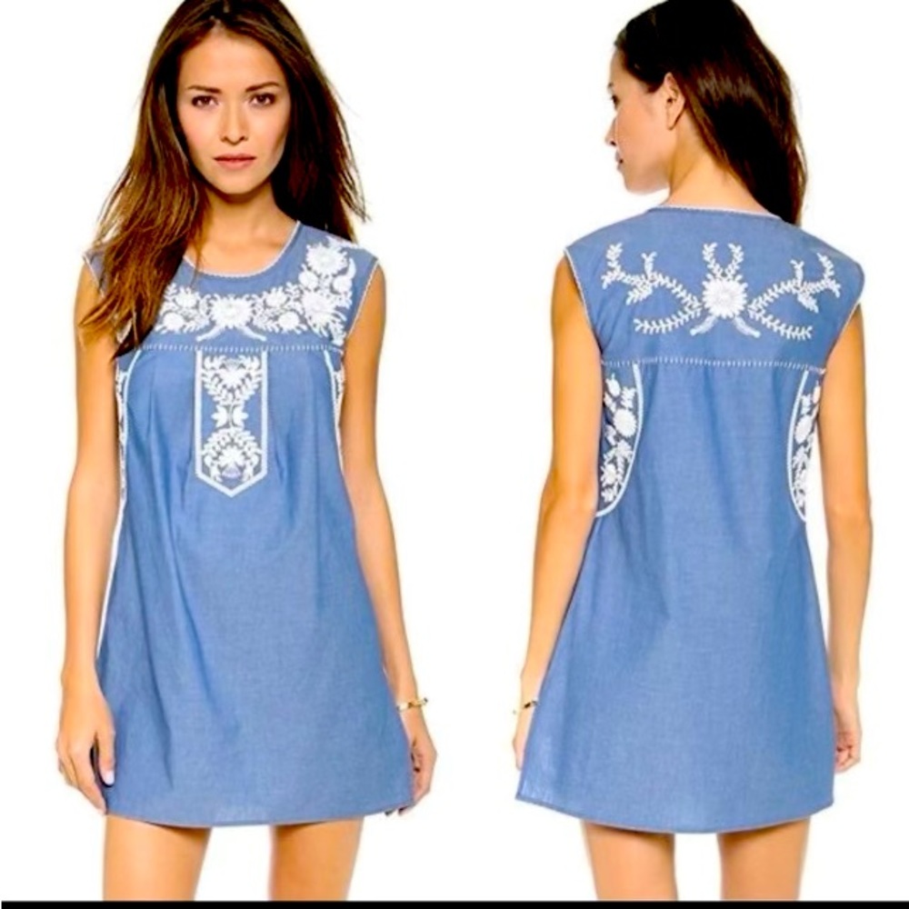 Tory Burch Chambray Floral Embroidery Mini Tunic Shift Dress
